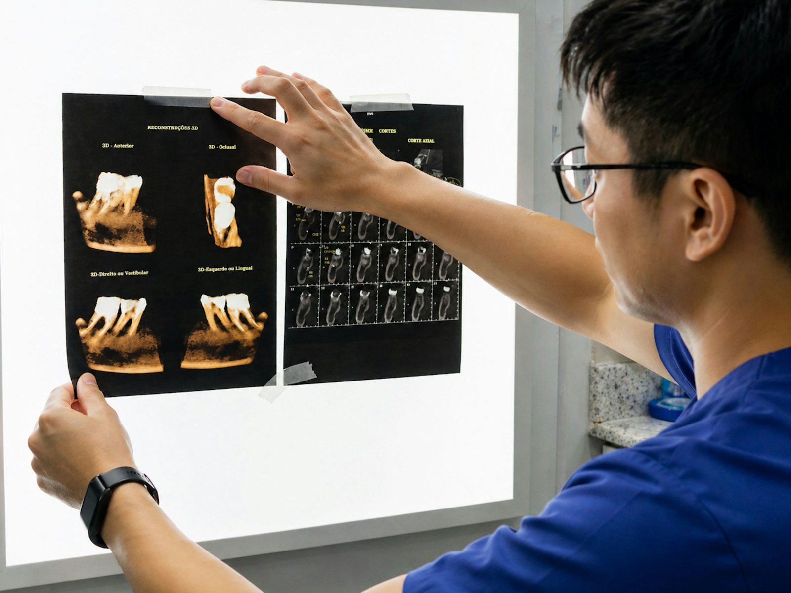 Médico dentista a analisar radiografias dentárias